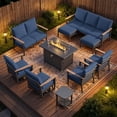 thumbnail image 1 of Sweecci 10 Piece Aluminum Patio Furniture Set, 55000 BTU Propane Fire Pit Table, Swivel Rocker Sofas Set with Ottomans, Outdoor Conversation Set for Backyard, Garden, Porch, Deck,Navy Blue, 1 of 14