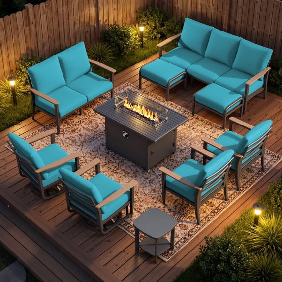 Sweecci 10 Piece Aluminum Patio Furniture Set, 55000 BTU Propane Fire Pit Table, Swivel Rocker Sofas Set with Ottomans, Outdoor Conversation Set for Backyard, Garden, Porch, Deck,Turquoise
