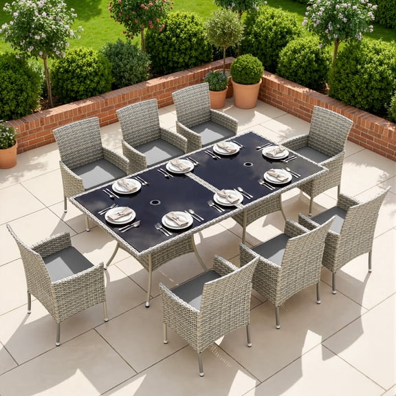 Sweecci 10 Piece Patio Dining Sets, Rattan Patio Table and Chair Set, All Weather Conversation Sets with Tempered Glass Table, Waterproof Cushions, Ergonomic Chairs for Patio Garden Backyard,Gray