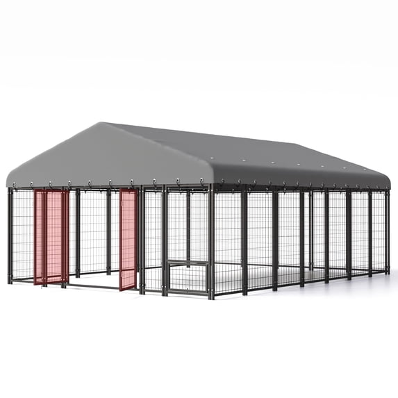 Sweecci 10x14FT Heavy Duty Outdoor Dog Kennel, Double Door Metal Dog Cage with 360° Feeding Door, Waterproof Roof, Secure Playpen for Large Dogs & Small Pets, Easy Assembly