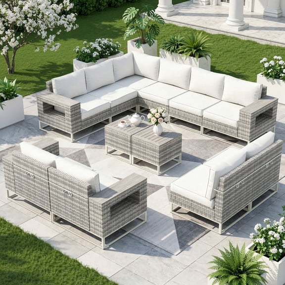 Sweecci 12 Piece Wicker Patio Furniture Set, Modular Outdoor Sectional Sofa, Wood Coffee Table, All-Weather Patio Conversation Set, 5.5" Cushions, Wide Armrest Couch for Garden, Yard, Deck,Snow