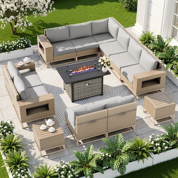 Sweecci 13 Piece Patio Furniture Set, 43" 55,000 Propane Fire Pit Table, All-Weather Wicker Outdoor Sectional Sofa with 2-in-1 Fire Pit, Wide Armrests Conversation Set for Deck, Garden, Yard,Brown