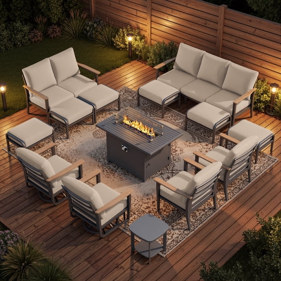 Sweecci 14 Piece Aluminum Patio Furniture Set, 55000 BTU Propane Fire Pit Table, Swivel Rocker Sofas Set with Ottomans, Outdoor Conversation Set for Backyard, Garden, Porch, Deck,Khaki