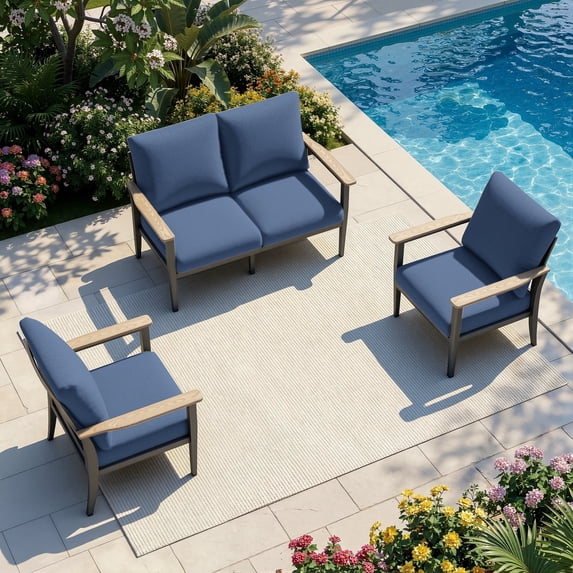 Sweecci 3 Pieces Aluminum Patio Furniture Set, Oversized All Weather Outdoor Conversation Set with Thick Washable Cushions, Outdoor Couch for Backyard, Patio, Balcony,Navy Blue