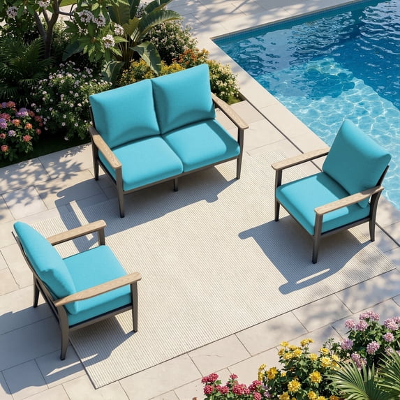 Sweecci 3 Pieces Aluminum Patio Furniture Set, Oversized All Weather Outdoor Conversation Set with Thick Washable Cushions, Outdoor Couch for Backyard, Patio, Balcony,Turquoise