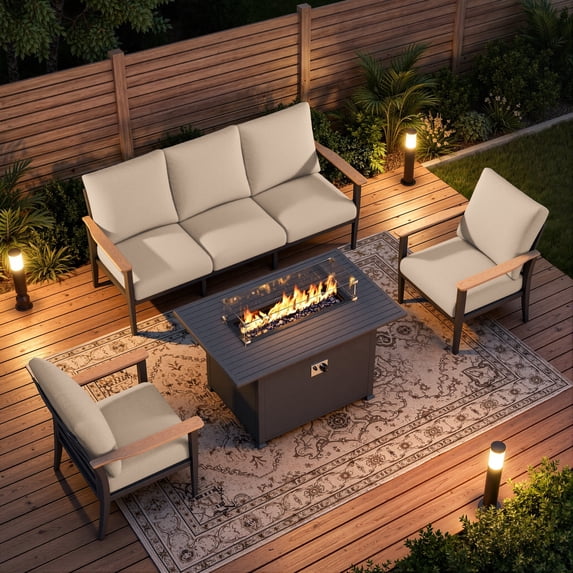 Sweecci 4 Piece Outdoor Patio Furniture Set, Aluminum Conversation Sofa Set with 55000 BTU Propane Fire Pit Table, 5.1" Thick Cushions, for Backyard Garden Deck,Khaki