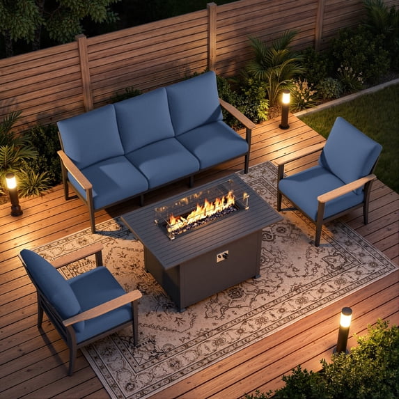 Sweecci 4 Piece Outdoor Patio Furniture Set, Aluminum Conversation Sofa Set with 55000 BTU Propane Fire Pit Table, 5.1" Thick Cushions, for Backyard Garden Deck,Navy Blue