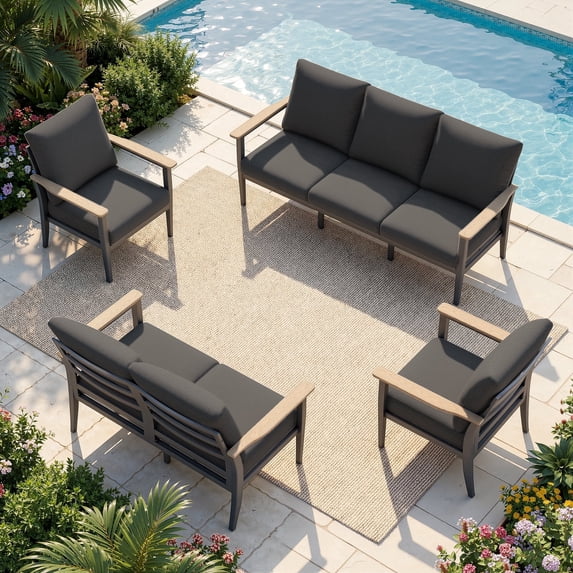 Sweecci 4 Pieces Aluminum Patio Furniture Set, Oversized All Weather Outdoor Conversation Set with Thick Washable Cushions, Outdoor Couch for Backyard, Patio, Balcony,Dark Gray