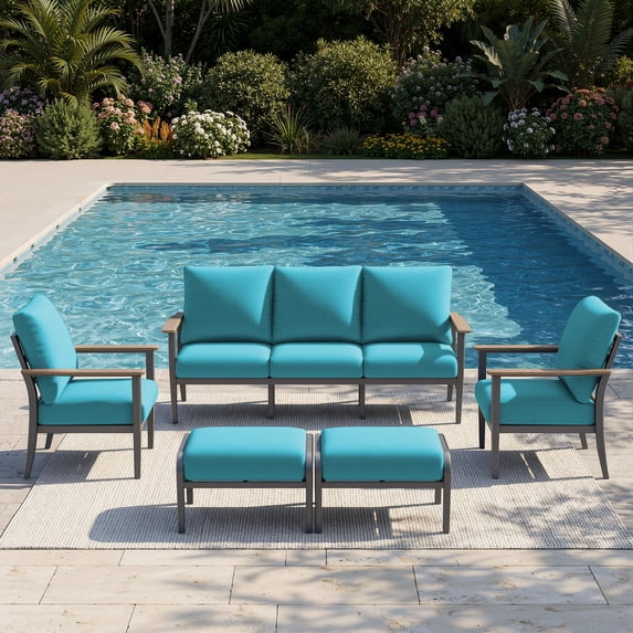 Sweecci 5 Piece Aluminum Patio Furniture Set with 5.1" Thick Cushions, Patio Conversation Sets with Ottomans, 3.3" Wide Armrests Outdoor Sectional Sofa Set for Porch, Backyard, Balcony,Turquoise