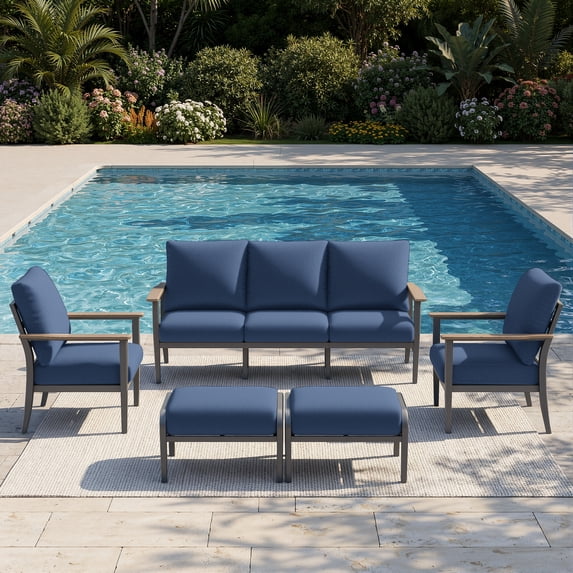 Sweecci 5 Piece Aluminum Patio Furniture Set with 5.1" Thick Cushions, Patio Conversation Sets with Ottomans, 3.3" Wide Armrests Outdoor Sectional Sofa Set for Porch, Backyard, Balcony,Navy Blue