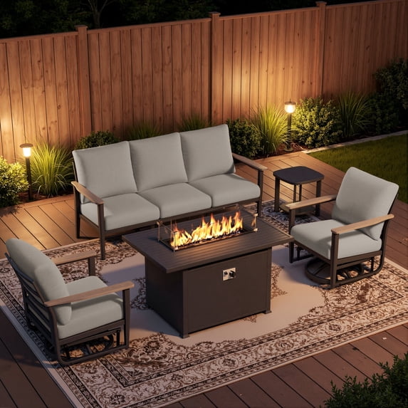 Sweecci 5 Piece Aluminum Patio Furniture Set, 55000 BTU Propane Outdoor Fire Pit Table, Patio Conversation Set with 360° Swivel Rocking Chairs, Thick Cushions for Backyard, Porch, Garden,Gray