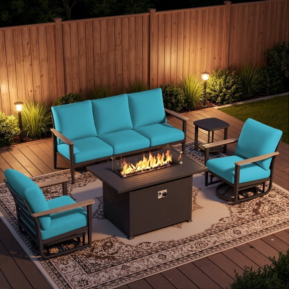 Sweecci 5 Piece Aluminum Patio Furniture Set, 55000 BTU Propane Outdoor Fire Pit Table, Patio Conversation Set with 360° Swivel Rocking Chairs, Thick Cushions for Backyard, Porch, Garden,Turquoise