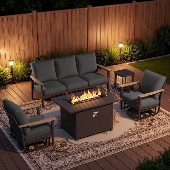 Sweecci 5 Piece Aluminum Patio Furniture Set, 55000 BTU Propane Outdoor Fire Pit Table, Patio Conversation Set with 360° Swivel Rocking Chairs, Thick Cushions for Backyard, Porch, Garden,Dark Gray