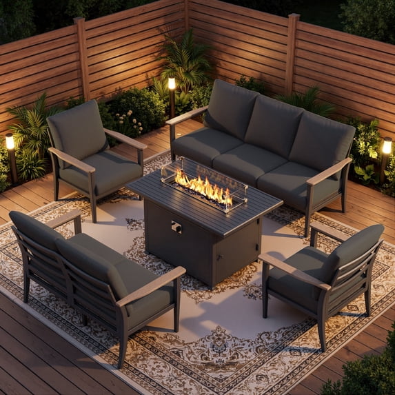 Sweecci 5 Piece Outdoor Patio Furniture Set, Aluminum Conversation Sofa Set with 55000 BTU Propane Fire Pit Table, 5.1" Thick Cushions, for Backyard Garden Deck,Dark Gray
