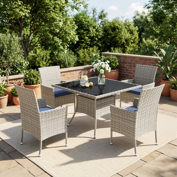 Sweecci 5 Piece Patio Dining Sets, Rattan Patio Table and Chair Set, All Weather Conversation Sets with Tempered Glass Table, Waterproof Cushions, Ergonomic Chairs for Patio Garden Backyard,Navy Blue