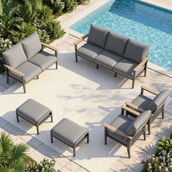 Sweecci 6 Piece Aluminum Patio Furniture Set with 5.1" Thick Cushions, Patio Conversation Sets with Ottomans, 3.3" Wide Armrests Outdoor Sectional Sofa Set for Porch, Backyard, Balcony,Gray