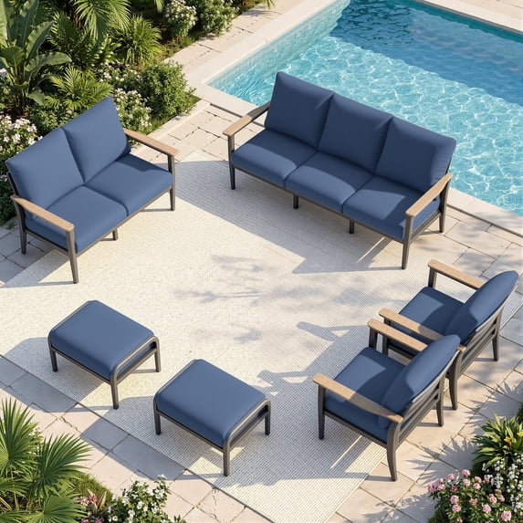 Sweecci 6 Piece Aluminum Patio Furniture Set with 5.1" Thick Cushions, Patio Conversation Sets with Ottomans, 3.3" Wide Armrests Outdoor Sectional Sofa Set for Porch, Backyard, Balcony,Navy Blue