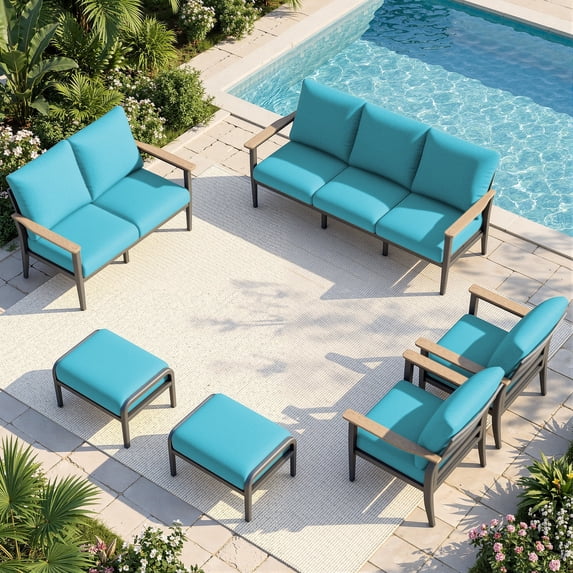 Sweecci 6 Piece Aluminum Patio Furniture Set with 5.1" Thick Cushions, Patio Conversation Sets with Ottomans, 3.3" Wide Armrests Outdoor Sectional Sofa Set for Porch, Backyard, Balcony,Turquoise