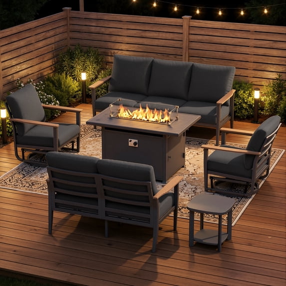 Sweecci 6 Piece Aluminum Patio Furniture Set, 55000 BTU Propane Outdoor Fire Pit Table, Patio Conversation Set with 360° Swivel Rocking Chairs, Thick Cushions for Backyard, Porch, Garden,Dark Gray