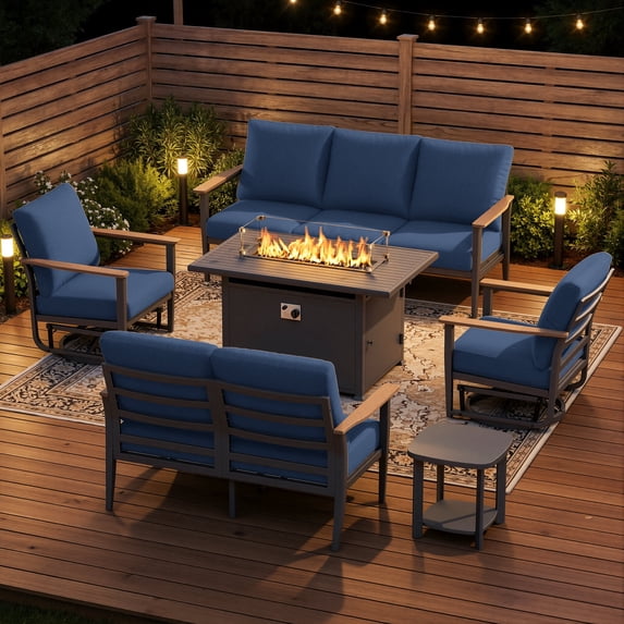 Sweecci 6 Piece Aluminum Patio Furniture Set, 55000 BTU Propane Outdoor Fire Pit Table, Patio Conversation Set with 360° Swivel Rocking Chairs, Thick Cushions for Backyard, Porch, Garden,Navy Blue