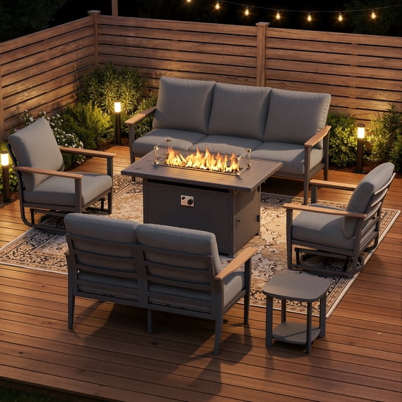 Sweecci 6 Piece Aluminum Patio Furniture Set, 55000 BTU Propane Outdoor Fire Pit Table, Patio Conversation Set with 360° Swivel Rocking Chairs, Thick Cushions for Backyard, Porch, Garden,Gray