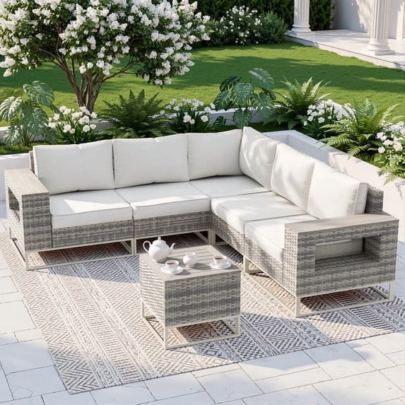 Sweecci 6 Piece Rattan Patio Furniture Set, All-Weather Wicker Sectional Conversation Set, Wooden Table, 5.5" Washable Cushions, Wide Armrests, Outdoor Sofa Set for Patio, Backyard, Balcony,Snow