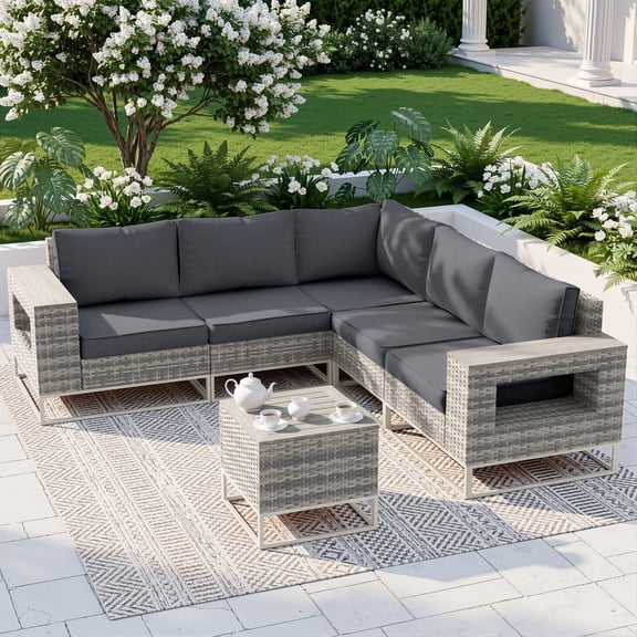 Sweecci 6 Piece Rattan Patio Furniture Set, All-Weather Wicker Sectional Conversation Set, Wooden Table, 5.5" Washable Cushions, Wide Armrests, Outdoor Sofa Set for Patio, Backyard, Balcony,Gray