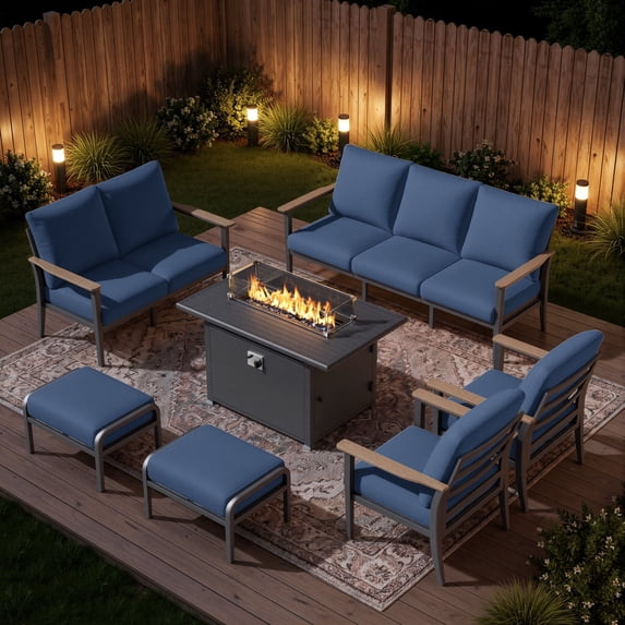 Sweecci 7 Piece Aluminum Outdoor Patio Furniture Set, 55000 BTU Propane Fire Pit Table, Sectional Sofa, 5.1“ Thick Cushions, Ottomans for Backyard, Deck, Garden,Navy Blue