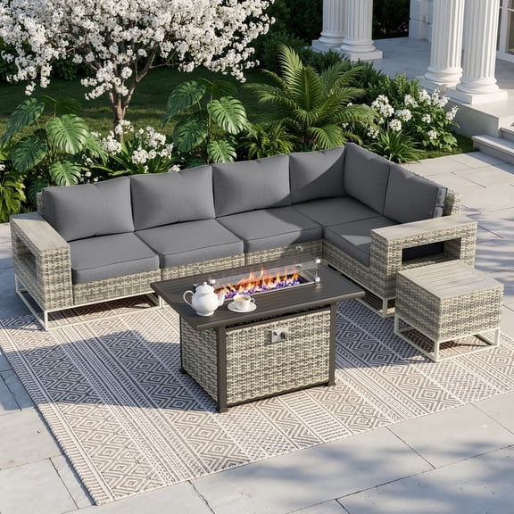 Sweecci 7 Piece Patio Furniture Set with 55,000 Fire Pit Table, All-Weather Wicker Outdoor Sectional Sofa, Wide Armrests Conversation Set with Wood Table, 5.5" Cushions for Deck, Garden, Yard,Gray