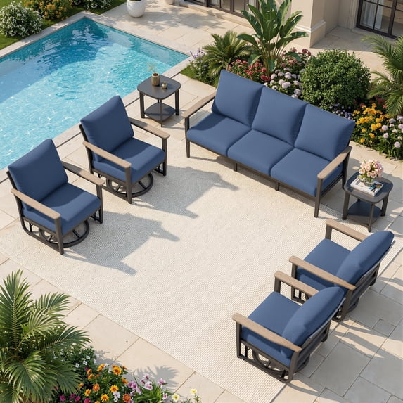Sweecci 7 Pieces Aluminum Patio Furniture Set, 360° Swivel Rocking Chairs, Patio Conversation Sets, 5.1" Cushions, 3.3" Wide Armrests Outdoor Couch for Backyard, Deck, Poolside,Navy Blue
