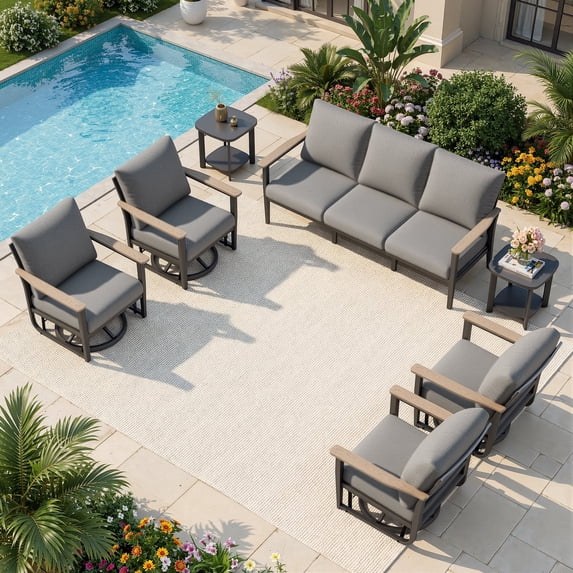 Sweecci 7 Pieces Aluminum Patio Furniture Set, 360° Swivel Rocking Chairs, Patio Conversation Sets, 5.1" Cushions, 3.3" Wide Armrests Outdoor Couch for Backyard, Deck, Poolside,Gray