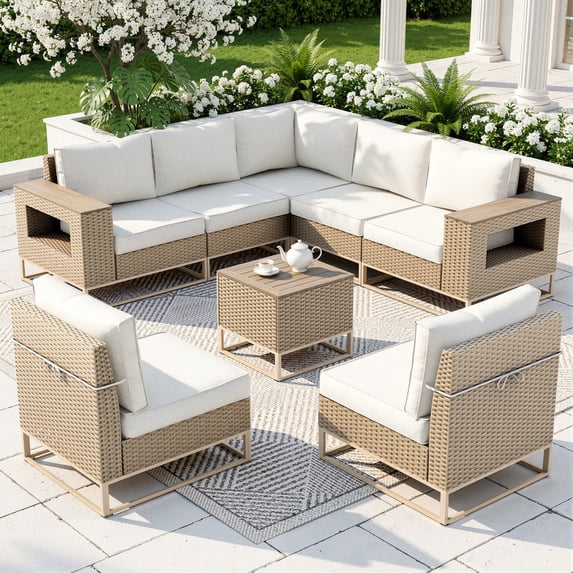 Sweecci 8 Pcs Rattan Patio Furniture Set, All-Weather Wicker Sectional Sofa, Wide Armrests Outdoor Conversation Set, Wood Table, Elevated Metal Base, Washable Cushions for Garden, Yard, Deck,Cream