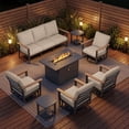 thumbnail image 1 of Sweecci 8 Piece Aluminum Patio Furniture Set, 55000 BTU Propane Outdoor Fire Pit Table, Patio Conversation Set with 360° Swivel Rocking Chairs, Thick Cushions for Backyard, Porch, Garden,Khaki, 1 of 13