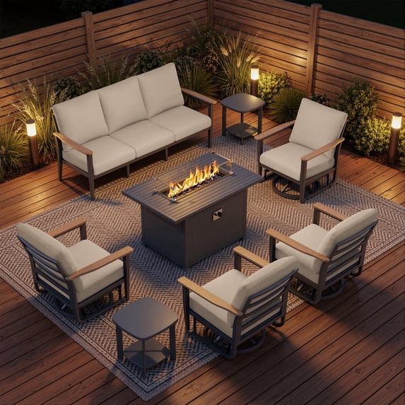 Sweecci 8 Piece Aluminum Patio Furniture Set, 55000 BTU Propane Outdoor Fire Pit Table, Patio Conversation Set with 360° Swivel Rocking Chairs, Thick Cushions for Backyard, Porch, Garden,Khaki