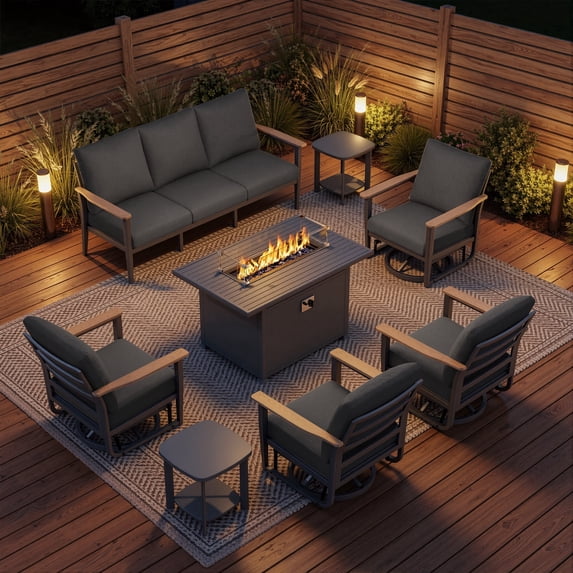 Sweecci 8 Piece Aluminum Patio Furniture Set, 55000 BTU Propane Outdoor Fire Pit Table, Patio Conversation Set with 360° Swivel Rocking Chairs, Thick Cushions for Backyard, Porch, Garden,Dark Gray