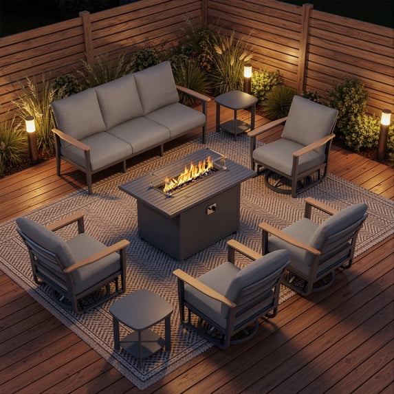 Sweecci 8 Piece Aluminum Patio Furniture Set, 55000 BTU Propane Outdoor Fire Pit Table, Patio Conversation Set with 360° Swivel Rocking Chairs, Thick Cushions for Backyard, Porch, Garden,Gray