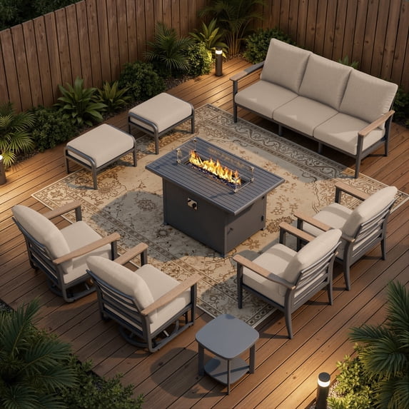 Sweecci 9 Piece Aluminum Patio Furniture Set, 55000 BTU Propane Fire Pit Table, Swivel Rocker Sofas Set with Ottomans, Outdoor Conversation Set for Backyard, Garden, Porch, Deck,Khaki