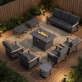 thumbnail image 1 of Sweecci 9 Piece Aluminum Patio Furniture Set, 55000 BTU Propane Fire Pit Table, Swivel Rocker Sofas Set with Ottomans, Outdoor Conversation Set for Backyard, Garden, Porch, Deck,Dark Gray, 1 of 14