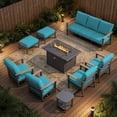 thumbnail image 1 of Sweecci 9 Piece Aluminum Patio Furniture Set, 55000 BTU Propane Fire Pit Table, Swivel Rocker Sofas Set with Ottomans, Outdoor Conversation Set for Backyard, Garden, Porch, Deck,Turquoise, 1 of 14