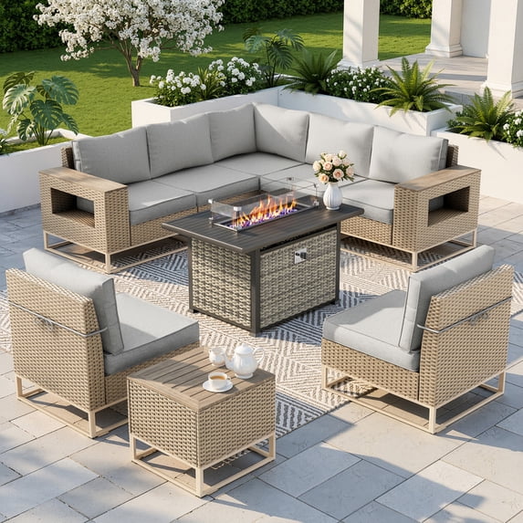 Sweecci 9 Piece Outdoor Wicker Patio Furniture Set, 55000 BTU Propane Fire Pit Table, 2-in-1 Gas Fire Pit, Rattan Sectional Conversation Set with Wood Table for Deck, Garden, Yard,Brown