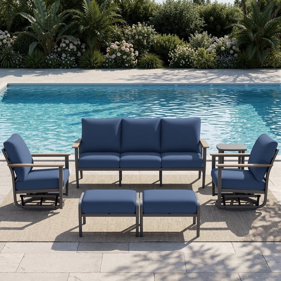 Sweecci Outdoor Patio Furniture Set, 6 Piece Aluminum Patio Conversation Sets, Swivel Rocking Chairs and Ottomans, 5.1" Cushions Outdoor Couch for Garden, Porch, Backyard,Navy Blue