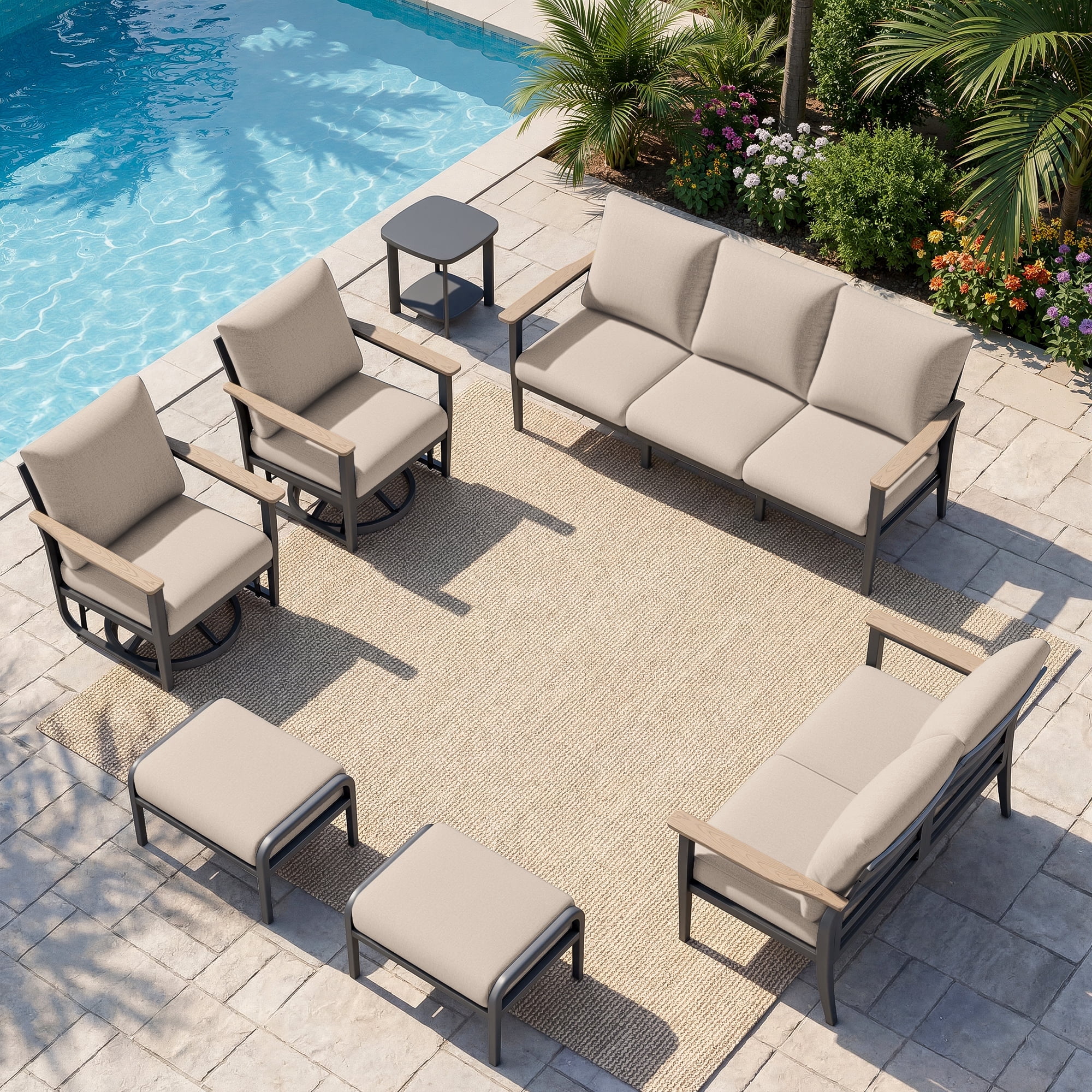 Sweecci Outdoor Patio Furniture Set, 7 Piece Aluminum Patio Conversation Sets, Swivel Rocking Chairs and Ottomans, 5.1" Cushions Outdoor Couch for Garden, Porch, Backyard,Khaki