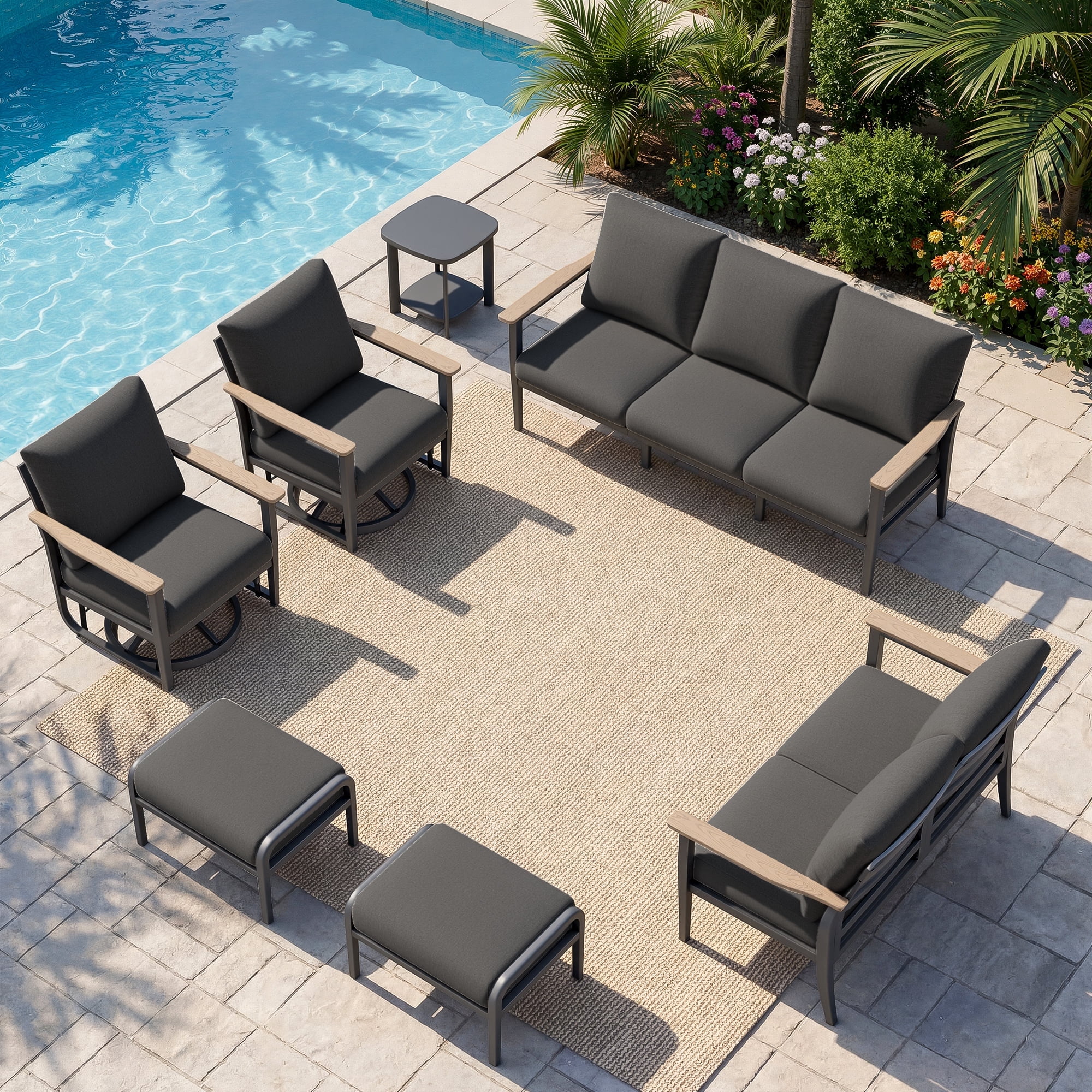 Sweecci Outdoor Patio Furniture Set, 7 Piece Aluminum Patio Conversation Sets, Swivel Rocking Chairs and Ottomans, 5.1" Cushions Outdoor Couch for Garden, Porch, Backyard,Dark Gray