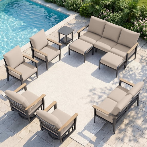 Sweecci Outdoor Patio Furniture Set, 9 Piece Aluminum Patio Conversation Sets, Swivel Rocking Chairs and Ottomans, 5.1" Cushions Outdoor Couch for Garden, Porch, Backyard,Khaki