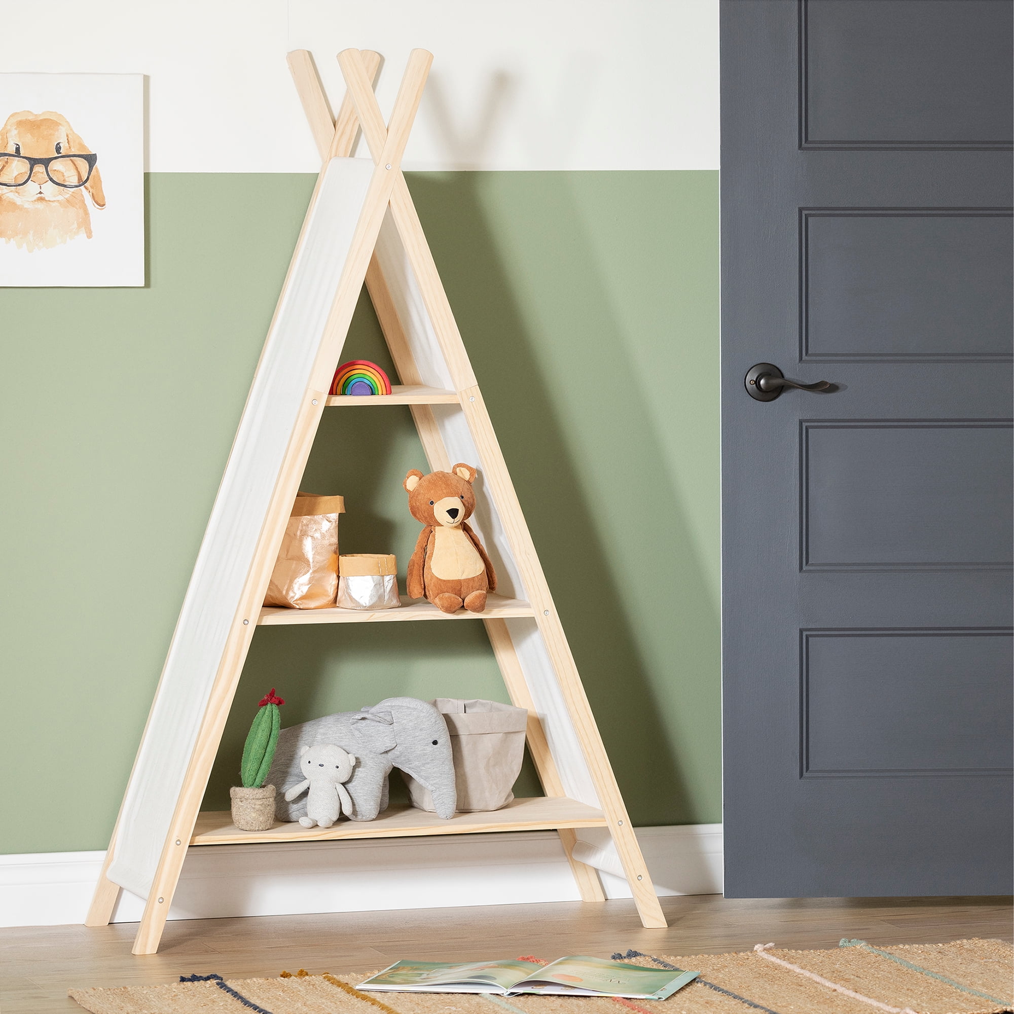 59.25" Natural Pine and White Cotton Teepee Shelving Unit