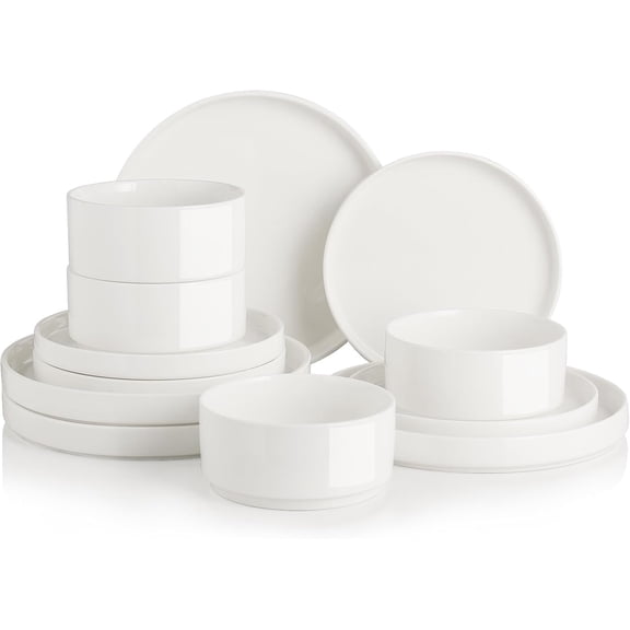 Sweejar Porcelain Dinnerware Sets for 4, 12 Pieces Ceramic Plates and Bowls Set, Classic Modern Simple Kitchen Dinner Dining Ware Set, Dishwasher and Microwave Safe Dishes Sets(Pure White)