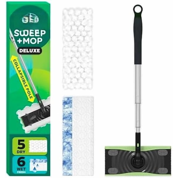 Sweep & Mop Deluxe 2-in-1 Floor Mopping and Sweeping Kit, Multi-Surface Kit for Floor Cleaning, Includes 1 Sweeper Device, 5 Heavy Duty Dry Sweeping Cloths, 6 Heavy Duty Wet Mopping Cloths