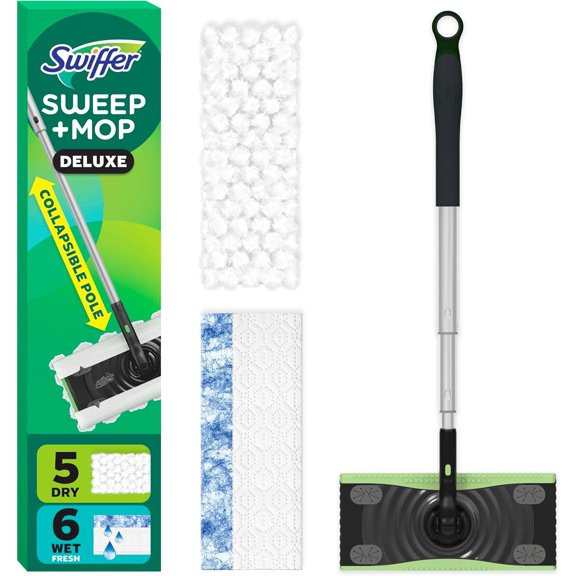 Sweep & Mop Deluxe 2-in-1 Floor Mopping and Sweeping Kit, Multi-Surface Kit for Floor Cleaning, Kit Includes 1 Sweeper Device, 5 Heavy Duty Dry Sweeping Cloths, 6 Heavy Duty Wet Mopping Cloths