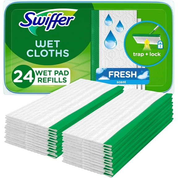 Sweep + Mop, Wet Pads Refill, Floor Cleaner for Dirt, Dust, Hair, Cleaning Cloths for Mopping Home, Bathroom, Kitchen, All Purpose Multi-Surface Floor Wipes, Fresh, 24ct
