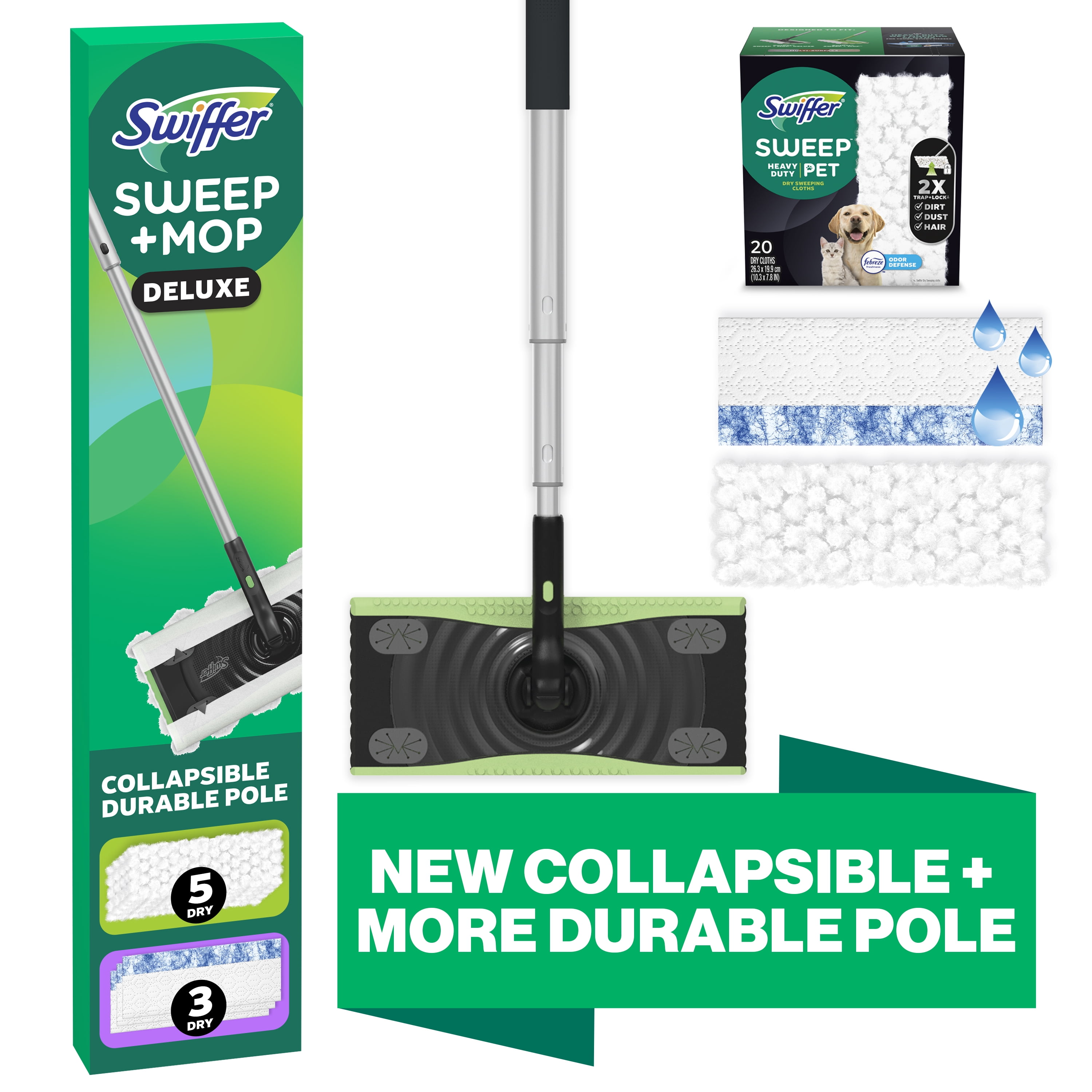 Swiffer Sweep + Mop Deluxe Floor Cleaner Bundle Includes 1 Sweep + Mop Device, 25 Heavy Duty Dry Sweeping Cloths, 3 Heavy Duty Wet Mopping Pads